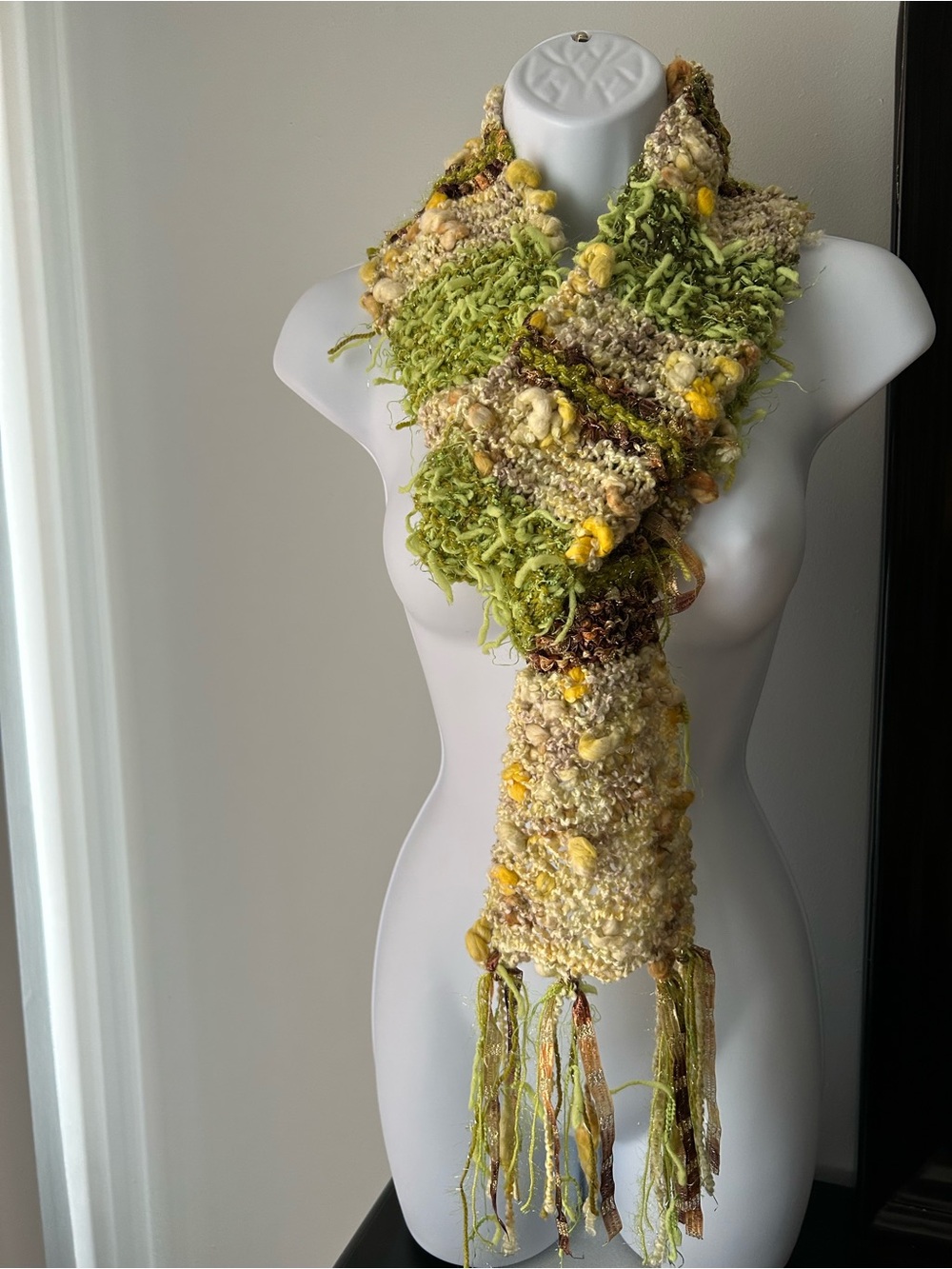 Handwoven Green and Yellow Textured Scarf by